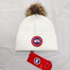 Canada Goose White Knit Beanie with Brown Pom-Pom
